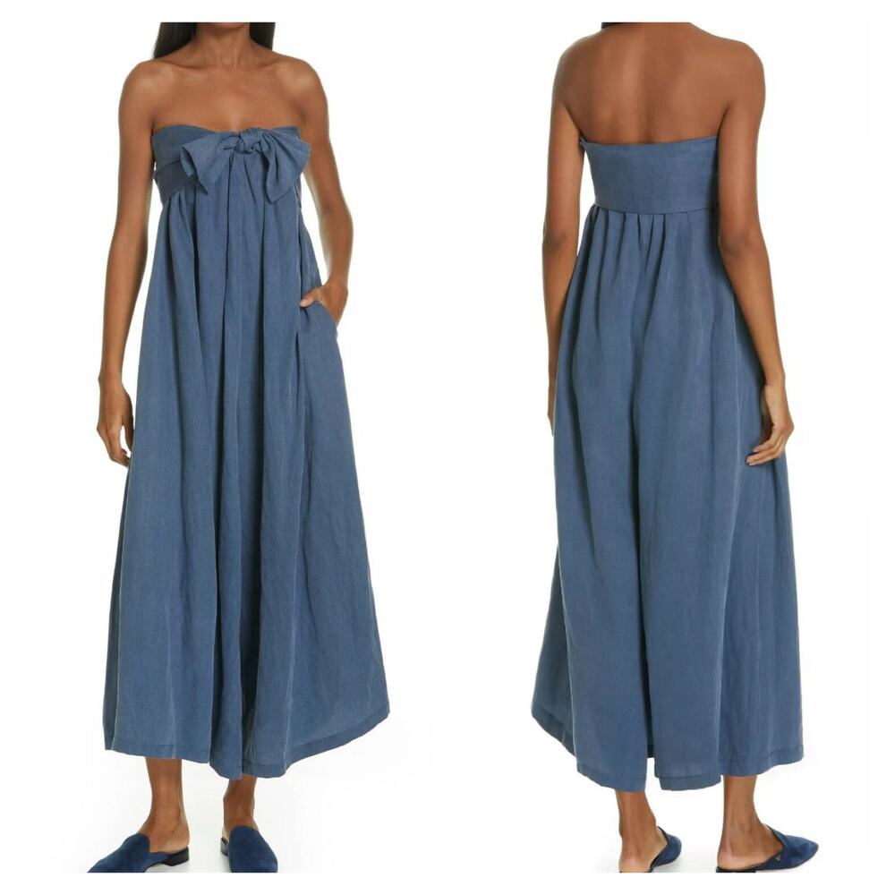 ULLA JOHNSON Womens Jordane Chambray Linen Jumpsuit Size 6 Blue Wide Leg Coastal